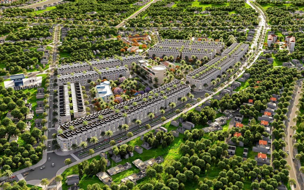 Overall 3D perspective of Thuong Thang 2 Residential Project in Hiep Hoa, Bac Giang, viewed from above, showcasing residential planning, amenities, and green spaces.