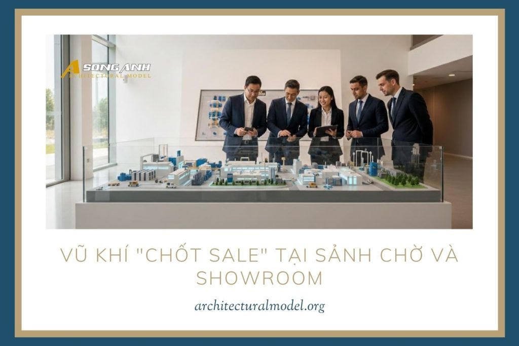 Nhóm doanh nhân đang thảo luận bên sa bàn bản đồ nhà máy công nghiệp chi tiết tại showroom