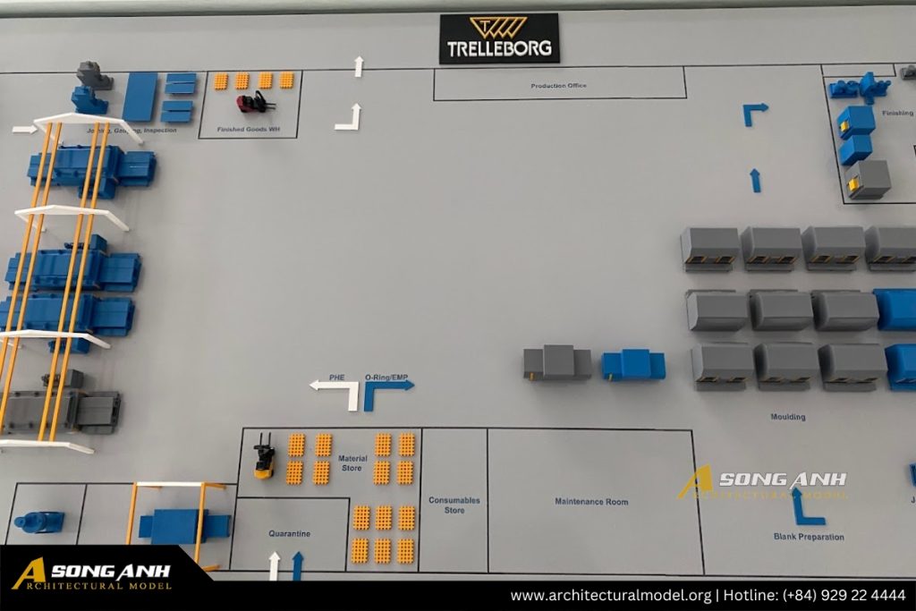 Hình ảnh cận cảnh sa bàn bản đồ nhà máy Trelleborg với các phân khu sản xuất và kho bãi