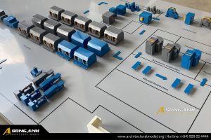 Cận cảnh sa bàn bản đồ nhà máy Trelleborg mô phỏng các công đoạn sản xuất như đúc, kiểm tra và đóng gói.